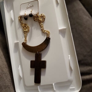 Get ready 4 spring & summer Brown Wooden Cross Necklace & Earring Set